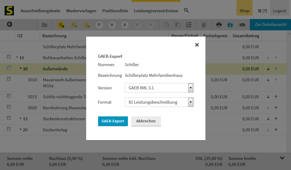 Leistungsverzeichnis als GAEB, PDF, EXCEL und WORD